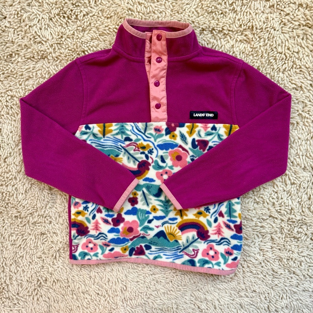 Land’s End | Girls Anyweather Fleece Snap Neck Pullover, Pink Floral